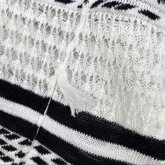 August Silk Black White Striped V Neck Fringe Semi Sheer Pullover Sweater Medium - Picture 10 of 15